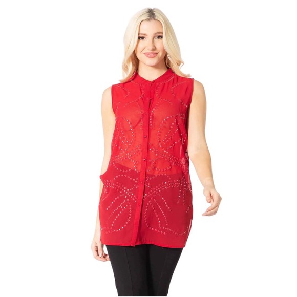 vertigo Tops - Vertigo Red studded sleeveless blouse semi sheer button down size small